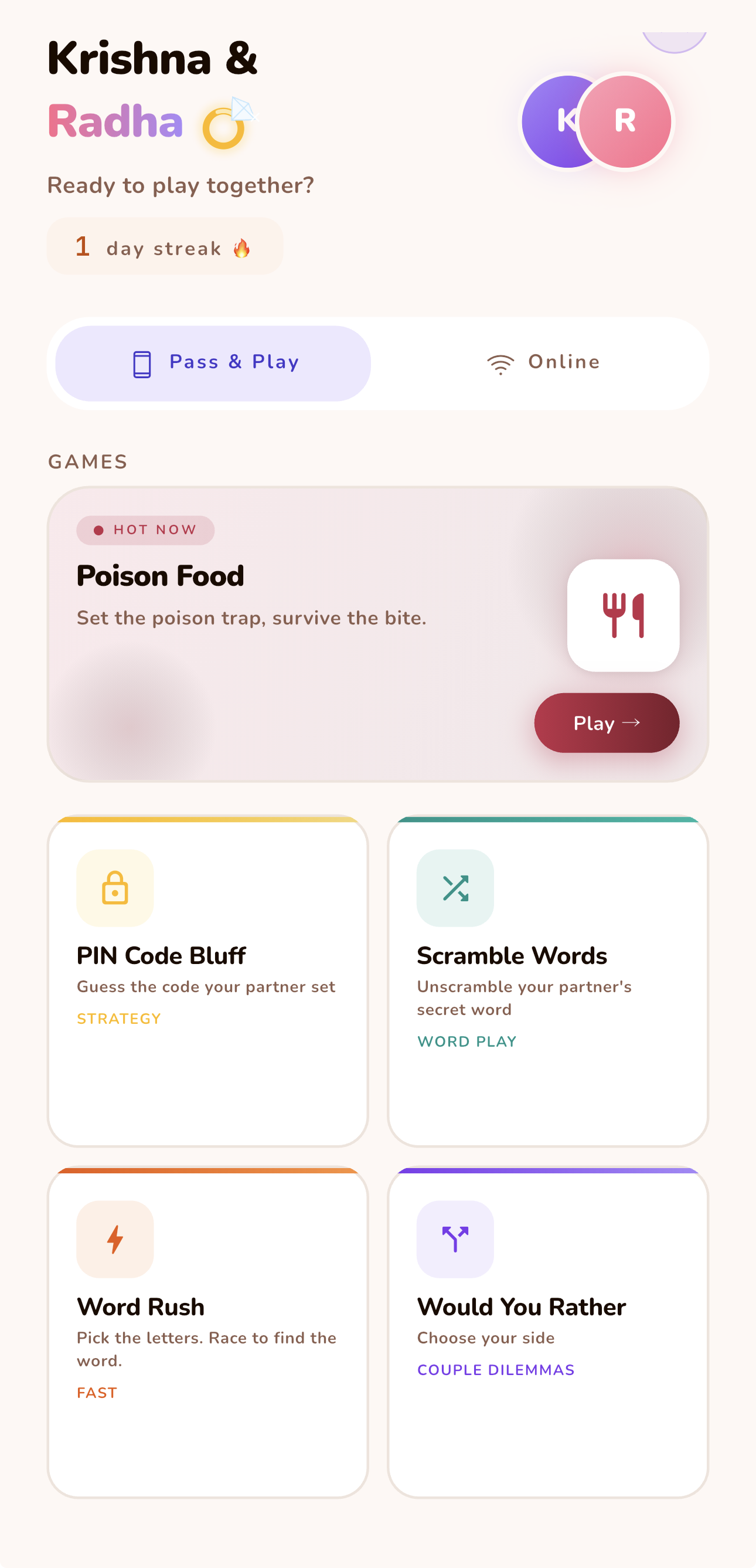 The LoveYug home screen showing a couple's shared profile, a play-streak counter, a Pass & Play and Online toggle, and cards for Poison Food, Pin Code Bluff, Scramble Words, Word Rush and Would You Rather.