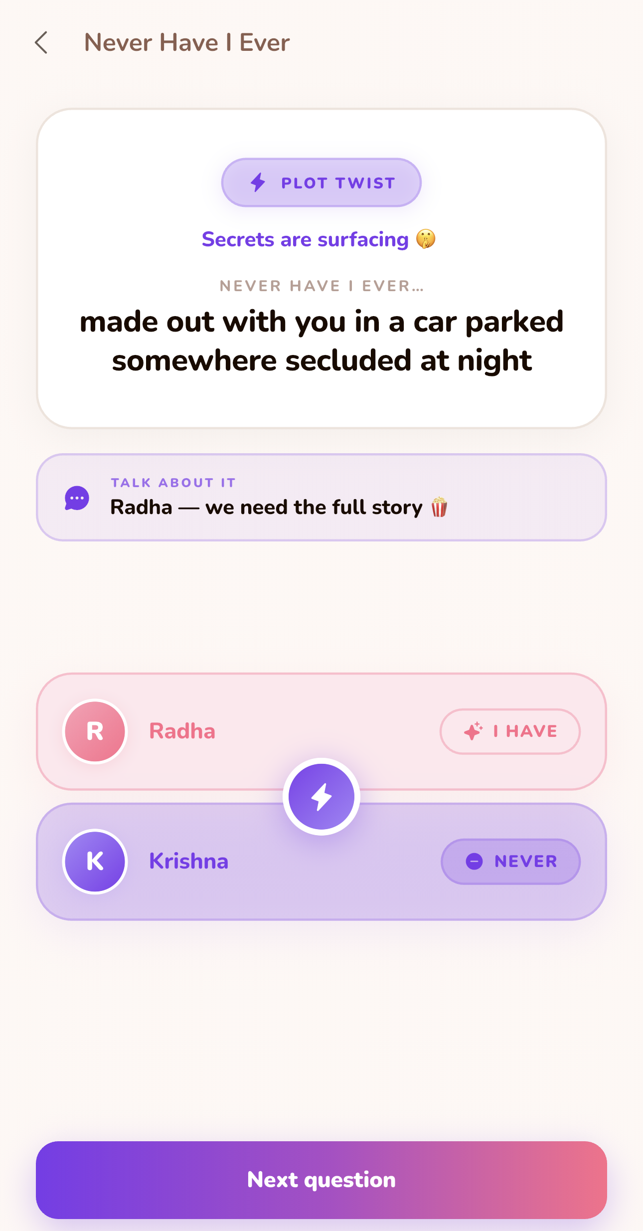 Never Have I Ever in LoveYug showing a prompt with one partner answering "I have" and the other "Never", and a follow-up nudge to tell the full story.