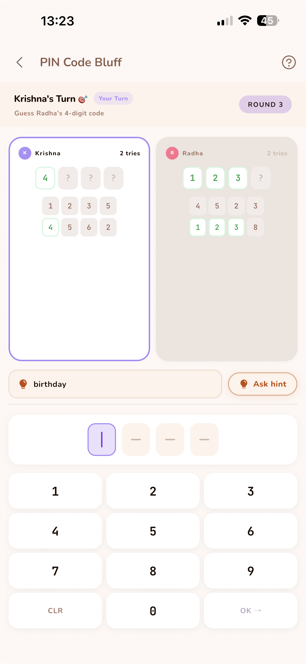Round three of Pin Bluff, with both partners' guess grids side by side, correct digits highlighted in green, and a shared hint reading "birthday".