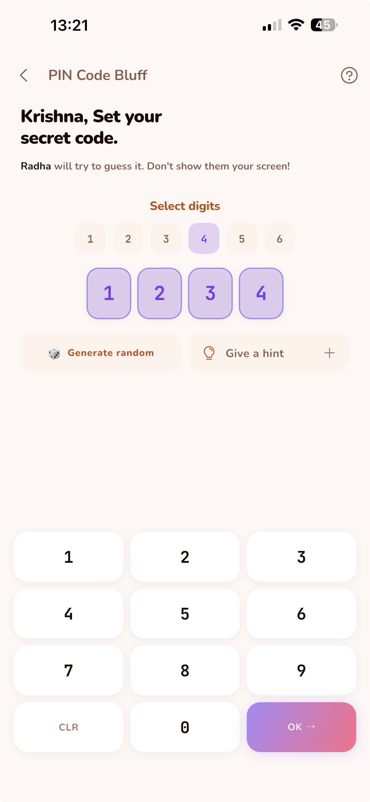 Pin Bluff setup screen in LoveYug, showing a four-digit secret code being entered on a keypad with the warning not to show the screen to your partner.