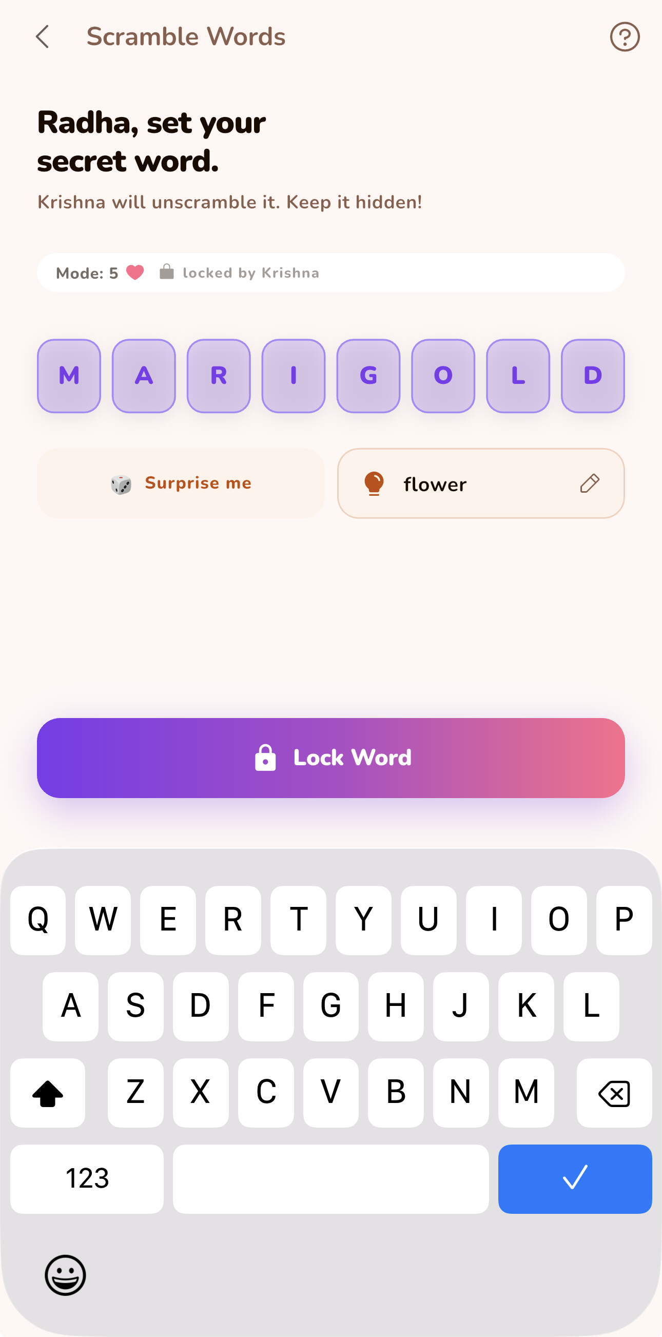 Scramble Words setup in LoveYug, with the secret word MARIGOLD entered as letter tiles and the hint "flower" attached below it.