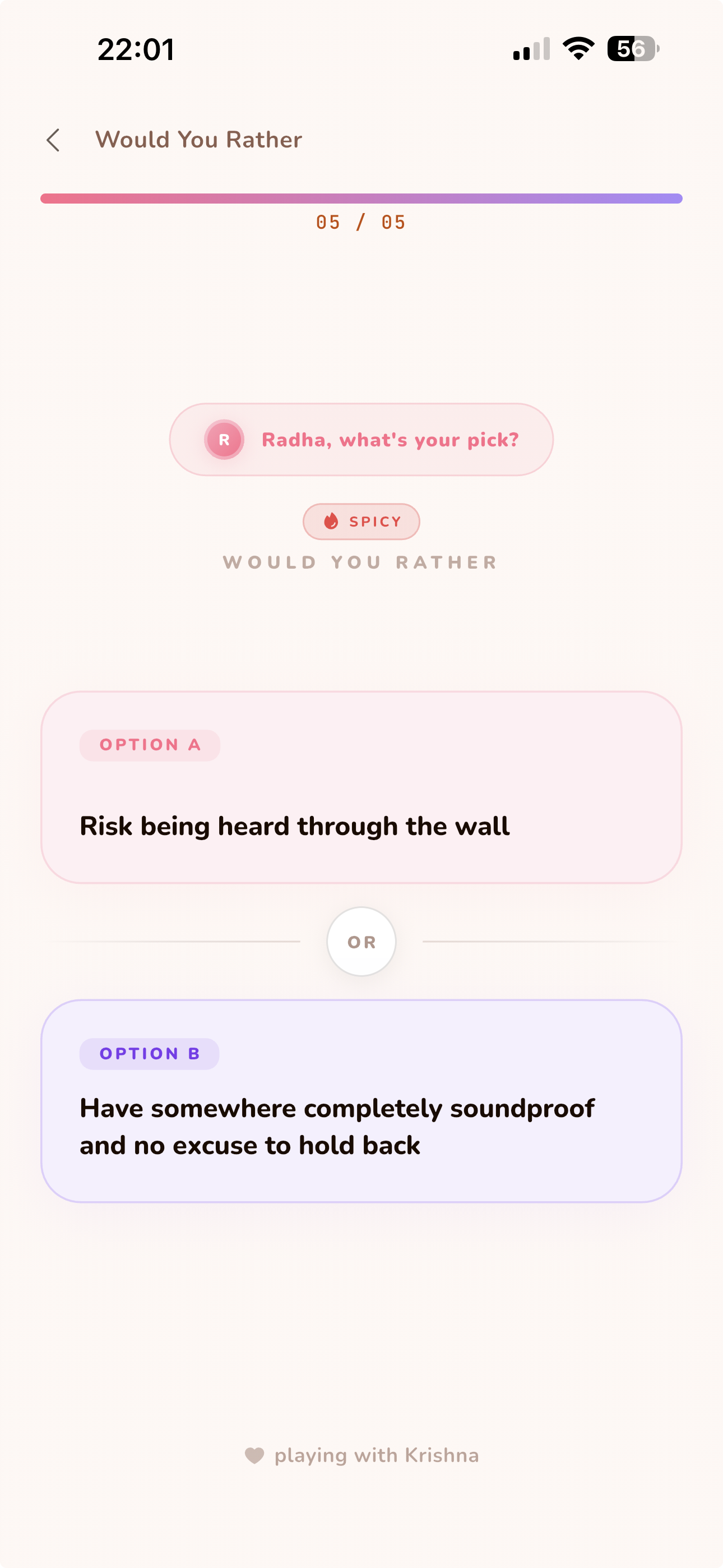 Would You Rather in LoveYug, showing Radha choosing between two options in the Spicy category during the fifth round of a session with Krishna.
